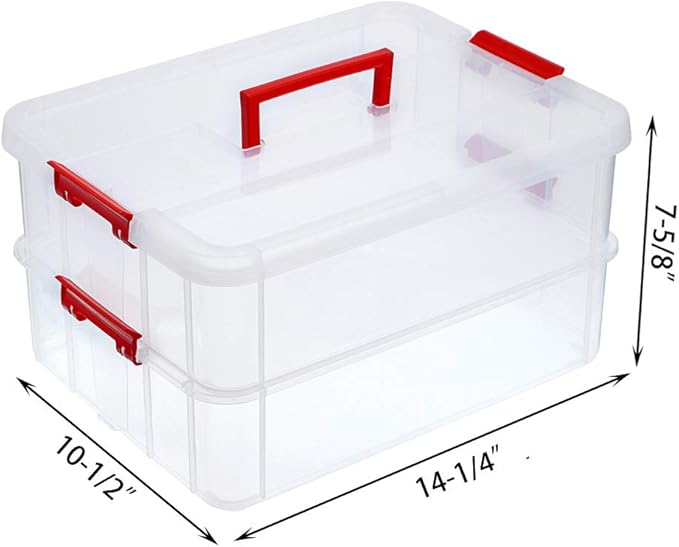 JUXYES 2-Tiers Stack Carry Storage Box With Handle Transparent Stackable Storage Bin With Handle Lid Latching Storage Container for School &amp Office Supplies (Red)