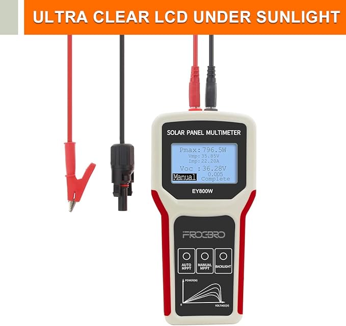 FrogBro Solar Panel Tester Photovoltaic Multimeter Upgrade EY800W with Ultra Clear LCD Smart MPPT Open Circuit Voltage Troubleshooting Utility Tool for Solar PV Testing (LCD 800W)