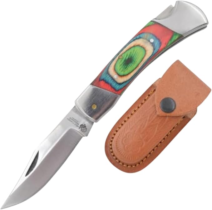 7 Handmade Folding Pocket Knife – 3 440 Stainless Steel Clip Point Blade – Silver Bolster – Genuine Leather Sheath Included (Multi-Color)