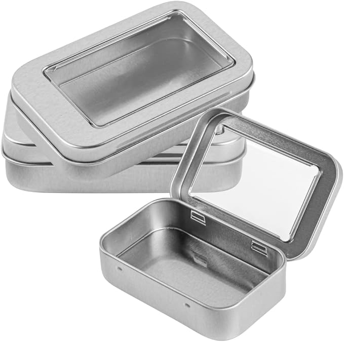 Restaurantware-RW Base 4.5 Ounce Rectangular Tin Containers 100 Durable Tin Boxes With Lids - Clear Window Lids Rounded Edges Silver Storage Containers Customizable Fits Mints Or Pills