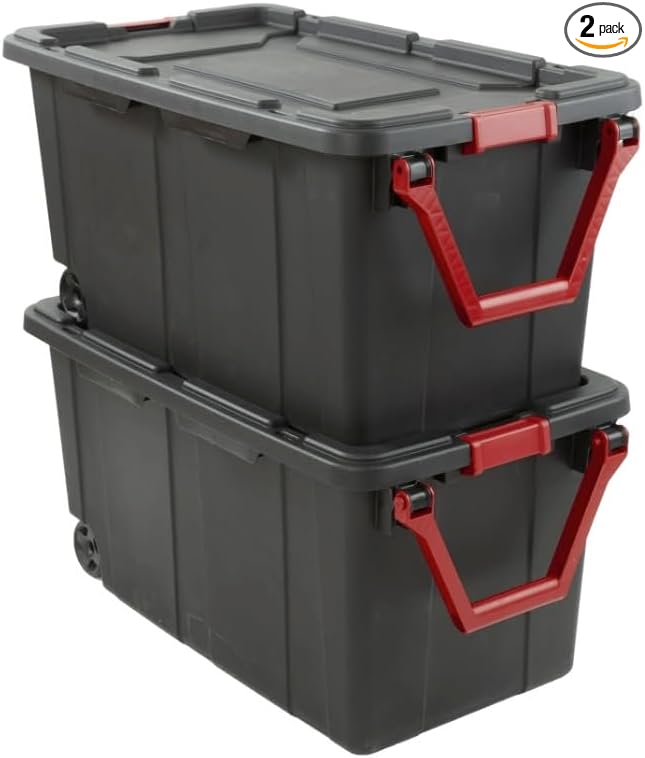 Black 40 Gallon Lidded Storage Bins Plastic Storage Tote With Ergonomic Handle And 2 Wheels Heavy Duty Design Perfect For Storing Camping Equipment Sports Gear Tools Workshop Supplies