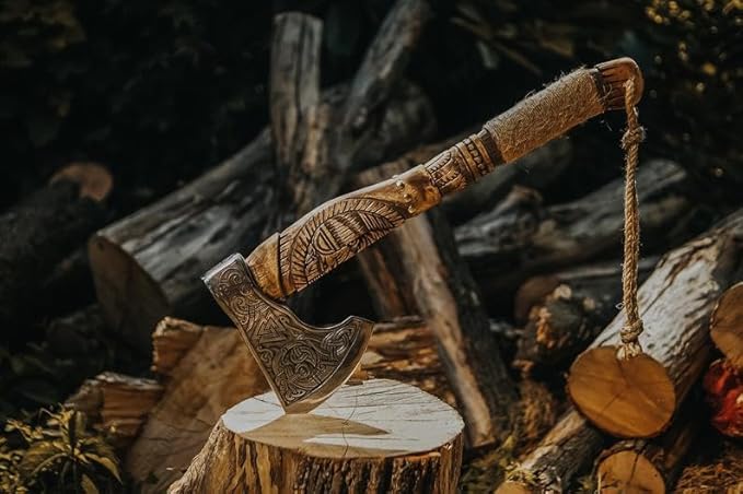 AX-7992 Custom Gift Forged Carbon Steel Viking Axe with Rose Wood Shaft Viking Bearded Camping Axe Mens Gift Poshland Axe