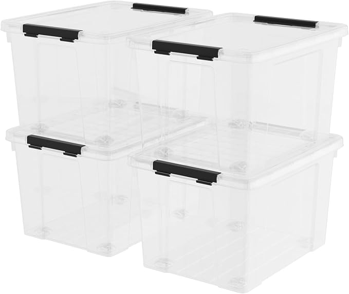 40 Quart Plastic Clear Latching Bin with Lid Plastic Storage Box with Wheels 4 Packs