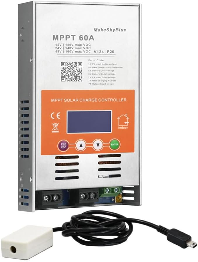 60A MPPT Solar Charge Controller 12V/24V/48V Auto 160V PV Input Lithium &amp Lead-Acid Battery Support Bluetooth Cloud Monitoring Solar Regulator for Off-Grid System