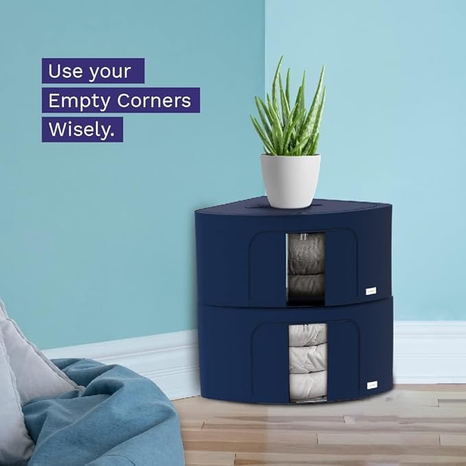 Foldable Clothes Storage Bag Organizer Corner Pop Up Bins Strong Handle Quality Fabric for Collapsible Closet Boxes 2 Pack (Large Saphhire)