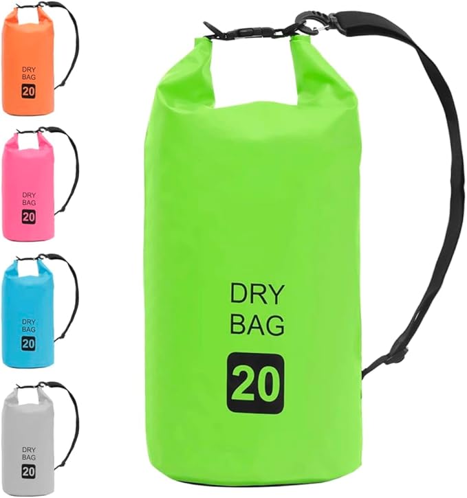 Waterproof Dry Bag 5.3 Gallon PVC Green with Adjustable Shoulder Straps for Boating Surfing Outdoor Trips Lightweight Durable Foldable Storage Sack Protects Valuables