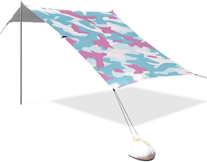 Sky Blue Foldable Beach Canopy UPF50+ Lightweight Portable Sun Shelter with Sandbags &amp Sand Shovel for Backyard and Camping
