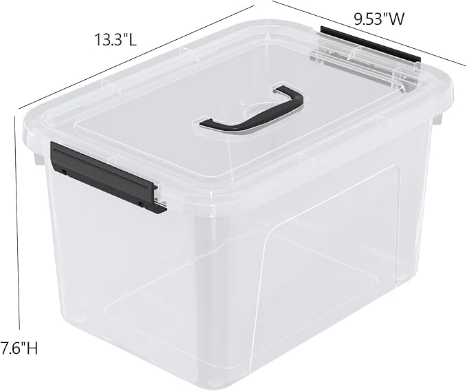 4 Packs Plastic Storage Box with Handle 10 L Clear Lidded Organizer Bin