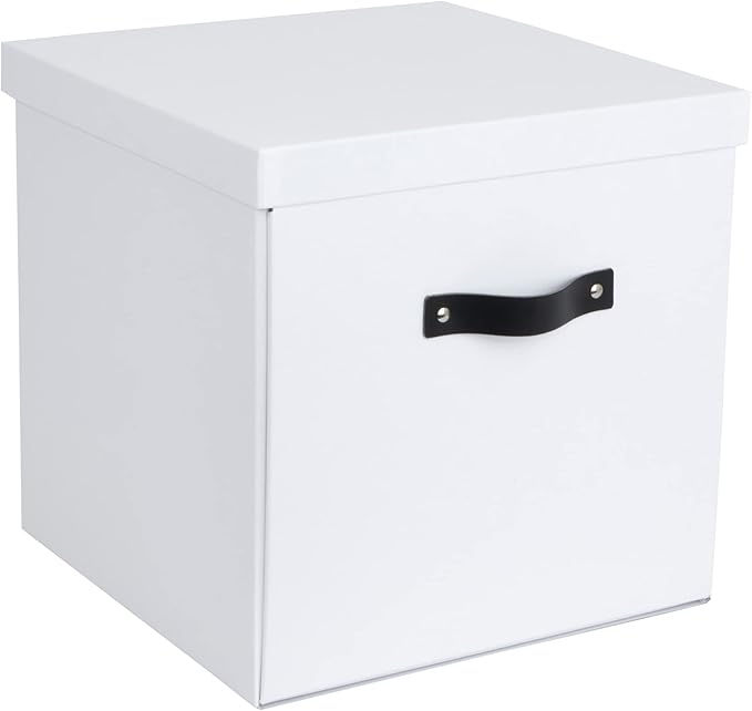 Bigso Logan Storage Box KD | Storage Cubes with Lid for Shelves and Cubical Room Organizers | Collapsible Storage Cube with Leather Handle for Organization | 12.4’’ x 12.4’’ x 12.2’’ | White