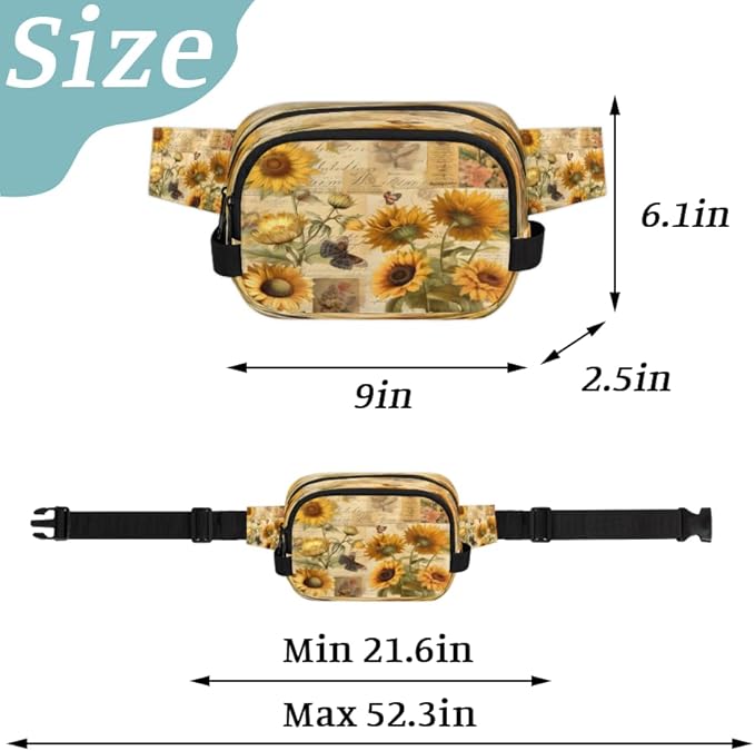 Vintage Poster Sunflower Butterfly Waterproof Fanny Pack for Women Men Adjustable Waist Bag with Double Zipper Pockets Lightweight Square Hip Pack for Running Travel Hiking Workout Cycling