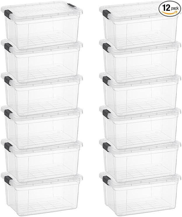 Superio Storage Bins with Lids- 12 Pack 6.6 Qt Clear Boxes for Organizing Stackable Plastic Containers- BPA Free Non-Toxic Odor Free Organizer for Home Office Dorm