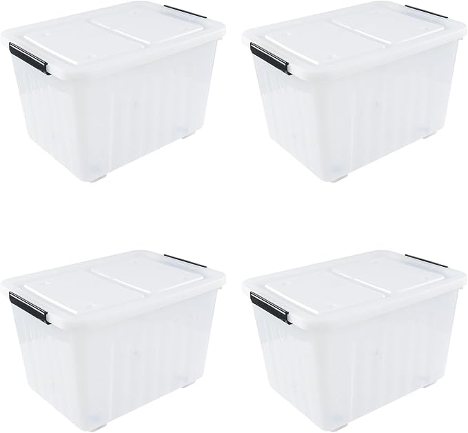 50 L 4 Packs Clear Large Storage Bin with Wheels Plastic Latching Boxes with Lid