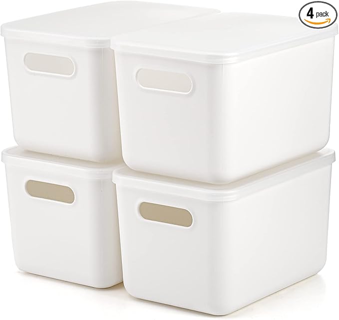 Lawei 4 Pack Plastic Storage Bins with Lid White Stackable Storage Basket Organizer Box Sturdy Containers Organizing Lidded Bins for Shelves Cabinet Desk Pantry Bedroom Book Toys