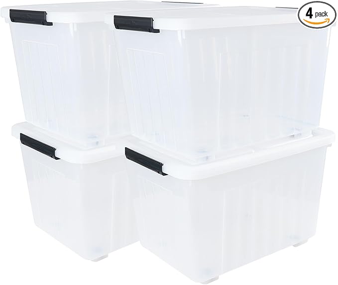 50 L 4 Packs Clear Large Storage Bin with Wheels Plastic Latching Boxes with Lid