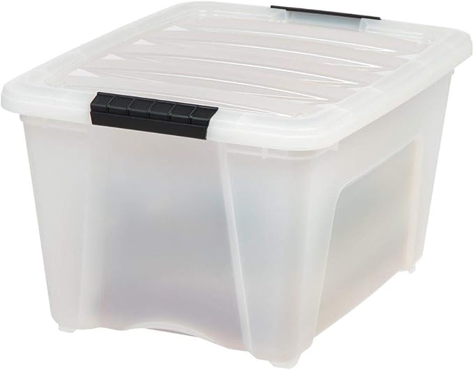 IRIS USA 32 Qt Stackable Plastic Storage Bins with Lids 6 Pack - BPA-Free Made in USA - Discreet Organizing Solution Latches Durable Nestable Containers Secure Pull Handle - Pearl