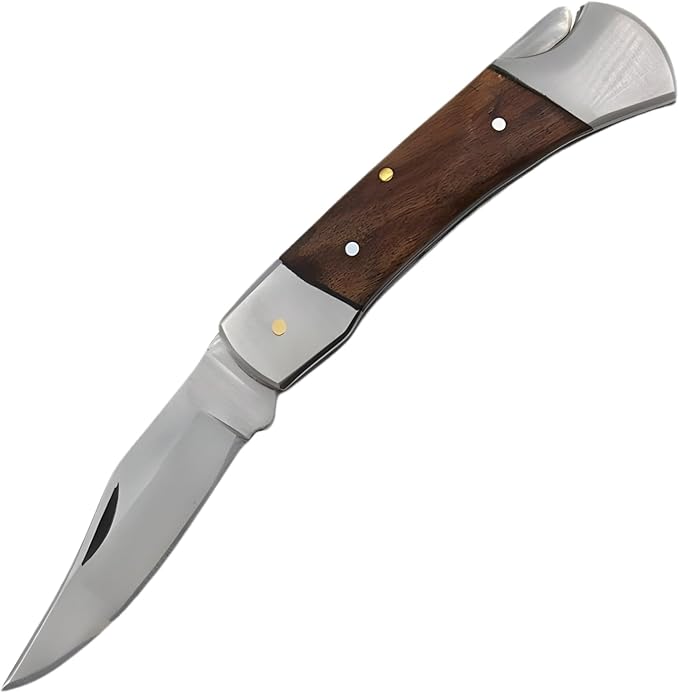 7 Handmade Folding Pocket Knife – 3 440 Stainless Steel Clip Point Blade – Silver Bolster – Genuine Leather Sheath Included (Wood)