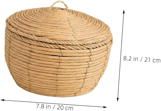 KOMBIUDA Handwoven Woven Storage Basket with Lid Small Decorative Rattan Container for Organizing Toys Pantry and Home Supplies Versatile Table Storage Solution