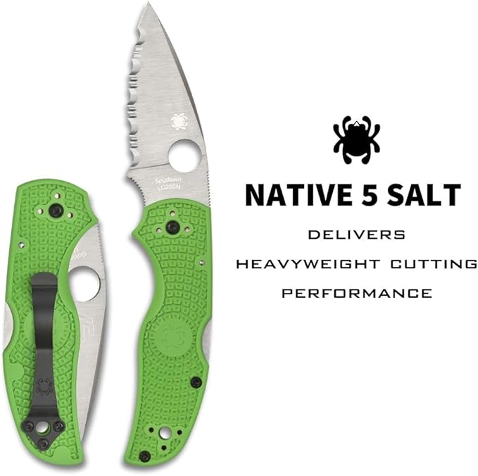 Spyderco Native 5 Lightweight Salt Folding Knife with 2 LC200N Steel Blade and Green FRN Handle - EDC Knife for Men and Women Perfect for Hunting Tactical Camping Survival - SpyderEdge - C41SGR5