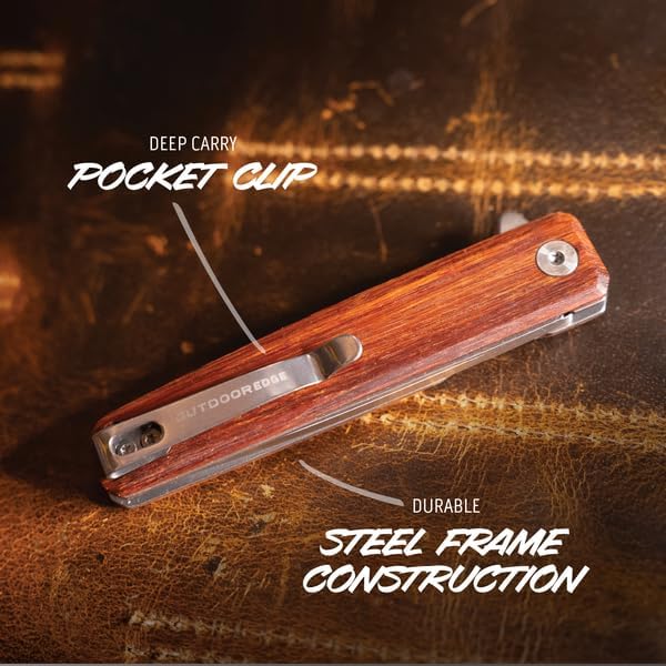 OUTDOOR EDGE Peleus 3.3 EDC Folding Knife – Corrosion-Resistant Clip-Point Blade with Reinforced Tip Slim Rosewood Handle &amp Liner Lock Lightweight Pocket Knife for Men &amp Women
