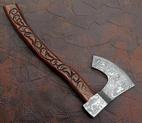 Handemade Damascus Steel Custom Made Hunting Axe with Rose Wood Handle