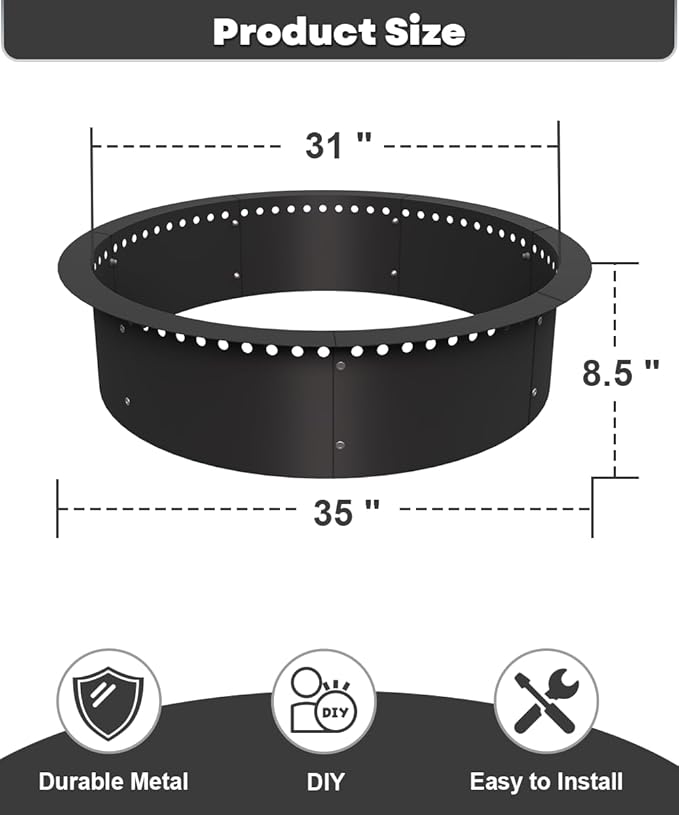 31 Inch Smokeless Fire Pit Ring Insert Outdoor Heavy Duty Metal Steel DIY Firepit Rim Liner Round Campfire Rings for Outside Wood Burning Above or In-Ground Black