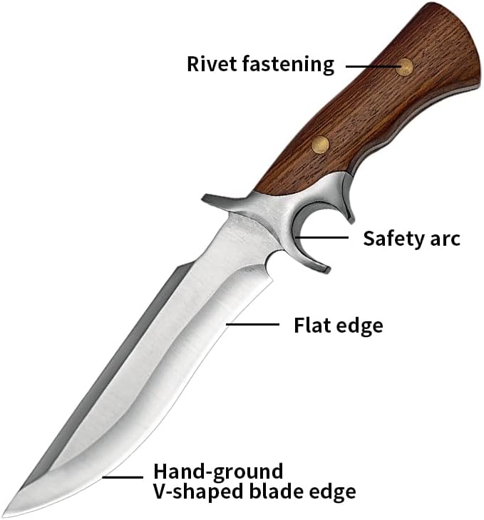 12.2 Fixed Blade Outdoor Knife 9Cr18 Stainless Steel Hunting Knife with Damascus Pattern Ergonomic Wood Handle &amp Embossed Leather Sheath Survival Utility Tool for Camping Hiking &amp Fishing
