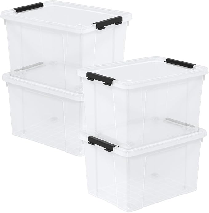 Morcte 23 L Plastic Clear Storage Bin with Lids and Latching Buckles 4-Pack Stackable Clear Storage Box with Wheels