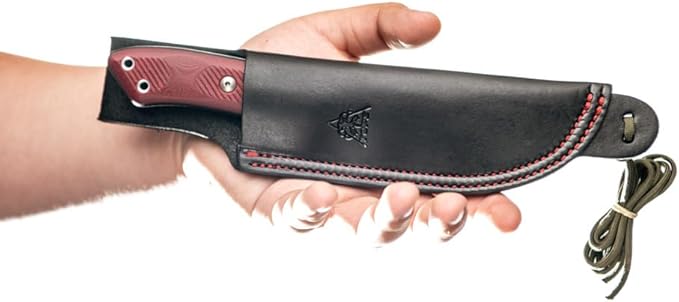 Tops Knives Camp Creek Fire Edition Full Tang Fixed Blade- Tumble Finish Blade Finish- Black Leather Sheath w/Dangler (Red/Black G10 Handle)