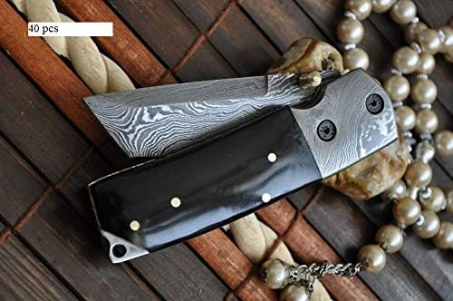 Perkin Custom Made Damascus Folding Knife Tanto Blade &amp Buffalo Horn Handle