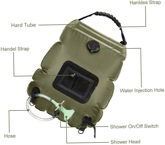 UPKOCH Portable Camping Shower Bag Solar Water Storage with Shower Nozzle for Outdoor Activities for Hiking Beach Fishing and Picnics Olive Green