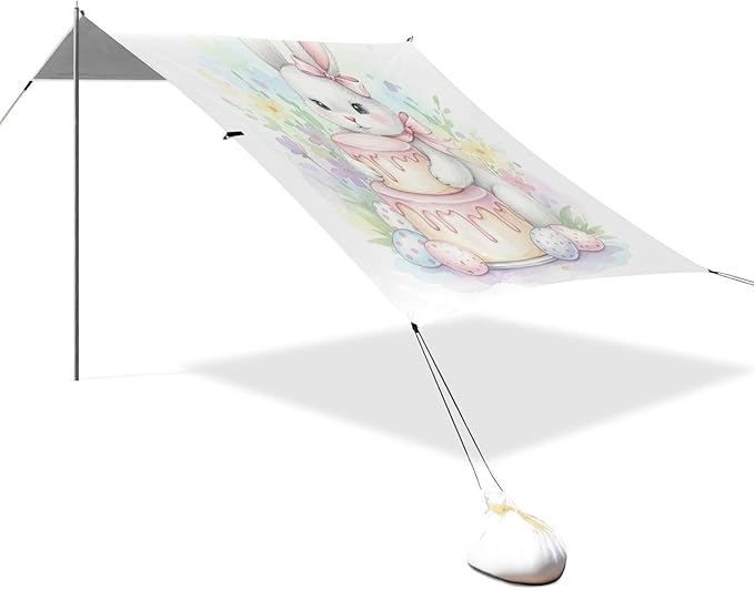 xigua Easter Bunny Beach Tent Sun Shelter with Carrying Bag - Silver Coated Oxford Fabric Beach Canopy for Beach Camping Fishing - Includes Windproof Ropes Sandbags &amp Stakes