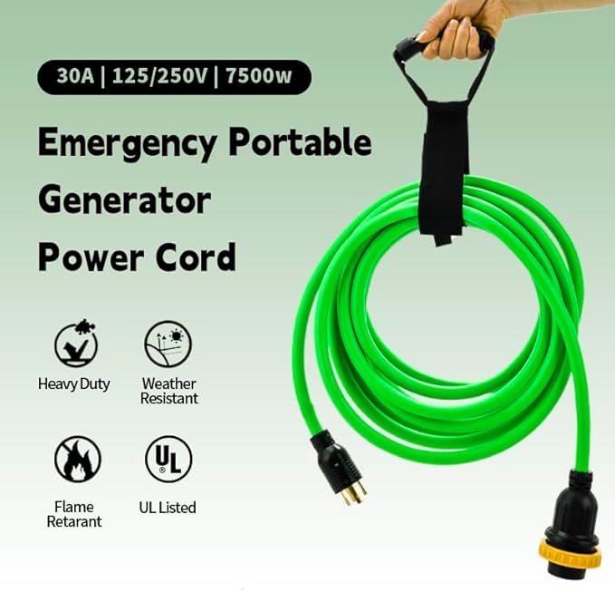 30 Amp Generator Extension Cord (25 Feet) 4-Prong 120/250 Volt 7500W Lock L14-30P/L L14-30R 10 Gauge SJTW Locking Power Cord for Manual Transfer Switch ETL