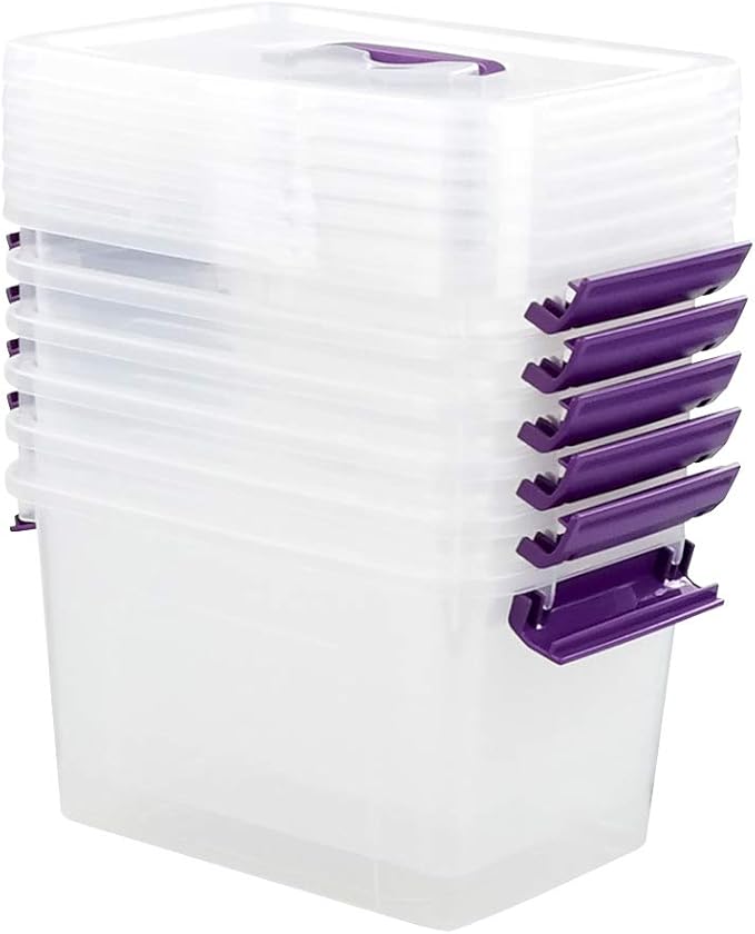 Farmoon 6 Quart Clear Storage Bin Small Plastic Stackable Box/Cotainer with Lid and Purple Handle 6 Packs