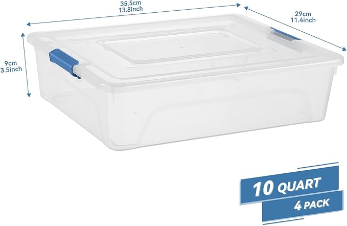 Clear Plastic Storage Bins with Lids Stackable Storage Box for Crafts Supplies (Large 4Pack Blue)