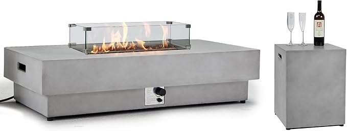 60Inch Fire Pit Table Propane with Tank Cover Windy Guard 50000 BTU Concrete Rectangle Firepit for Outside Patio with Metal Lid Lava Rocks Rain Cover Backyard Outdoor