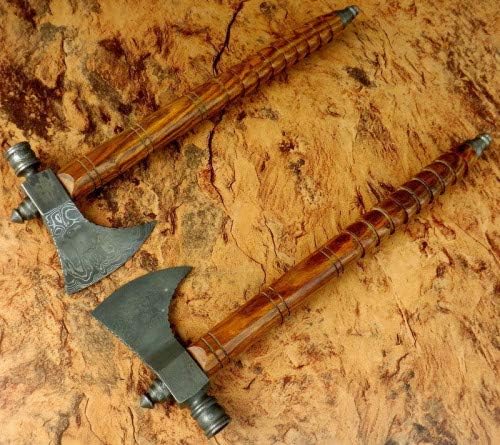 Lot of 2 Axe Damascus Steel 18'' Beautiful Smoke Pipe Olive Wood Handle Axe/Hand Forged Woodsman Axe