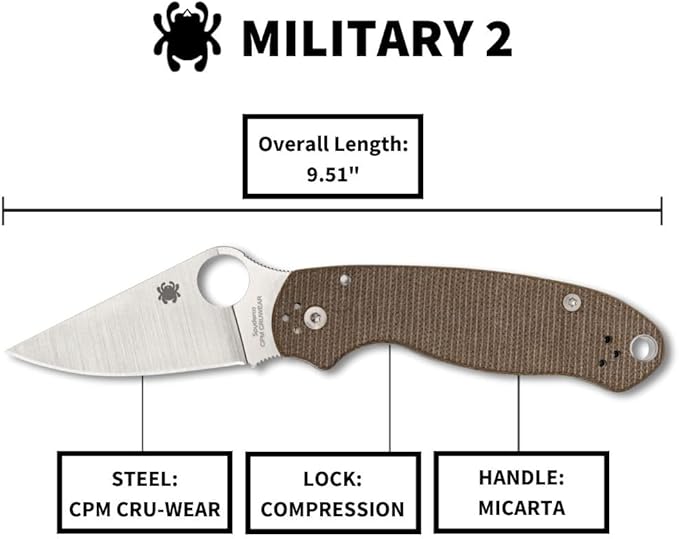 Spyderco Military 2 Folding Pocket Knife with 4 CPM Cru-Wear Steel Blade and Micarta Handle - EDC Knife for Men and Women Perfect for Hunting Tactical Camping Survival - PlainEdge - C36GP2