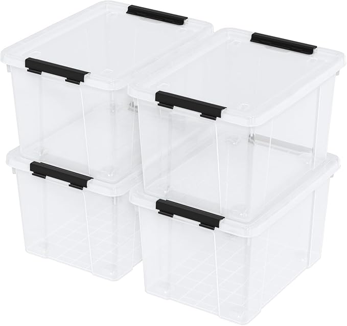 22 Quart Stackable Plastic Storage Bins with Lids and Latching Buckles 4 Pack Tubs Boxes Organizing Clear