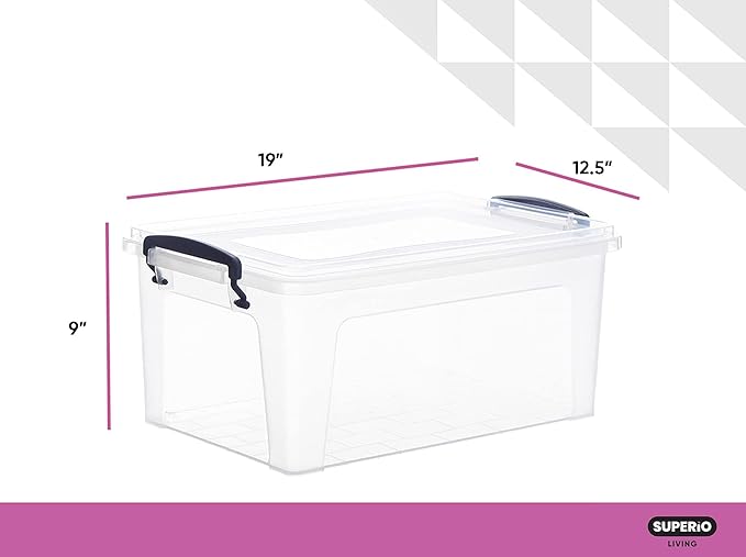 Superio Clear Storage Boxes with Lids Plastic Container Bins for Organizing Stackable Crates BPA Free Non Toxic Odor Free Organizers for Home Office School and Dorm (28.5 Quart 12 Pack)