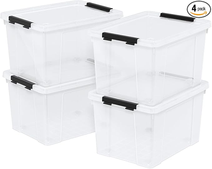 35 Quart Clear Latch Storage Box with Wheels 4-Pack Clear Plastic Storage Boxes with Lids