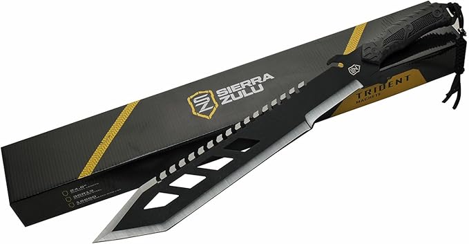 Sierra Zulu Trident Machete - Stainless Steel 24.0 inches Overall Modified Tanto Blade with Saw Tooth Back Edge - Tactical Nylon Sheath with Reversible Wear Strap