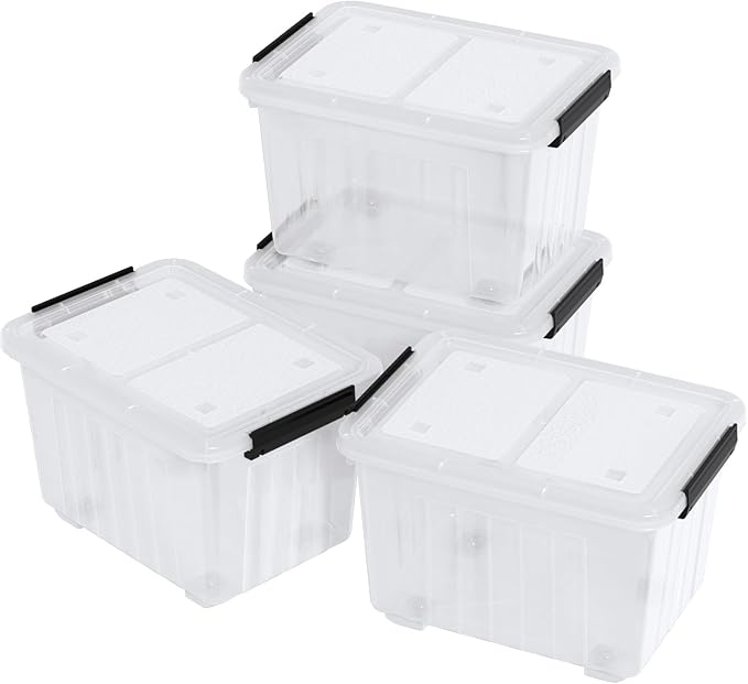 Sadstory 30 Quart Clear Latching Tote Bin with Lid Plastic Storage Box with Wheels 4 Packs