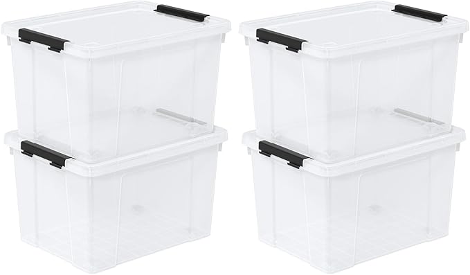22 Quart Plastic Clear Storage Box with Wheels Plastic Storage Bins with Lids Latching Bins 4 Packs