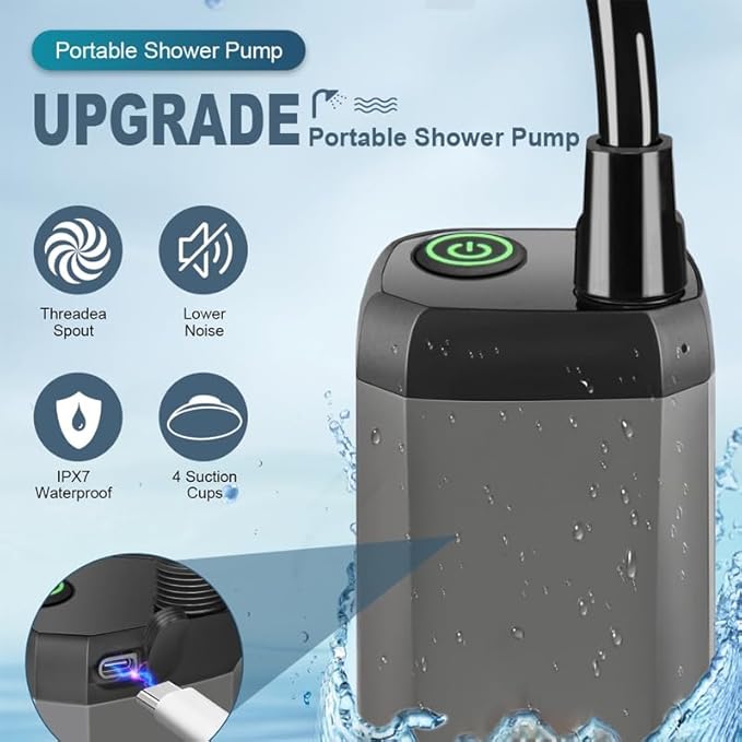 Portable Rechargeable Outdoor Camping Shower Pump High Pressure Camping Shower System with Hose Ideal for RV Beach Garden &amp Pet Washing (Grey 6000mA)