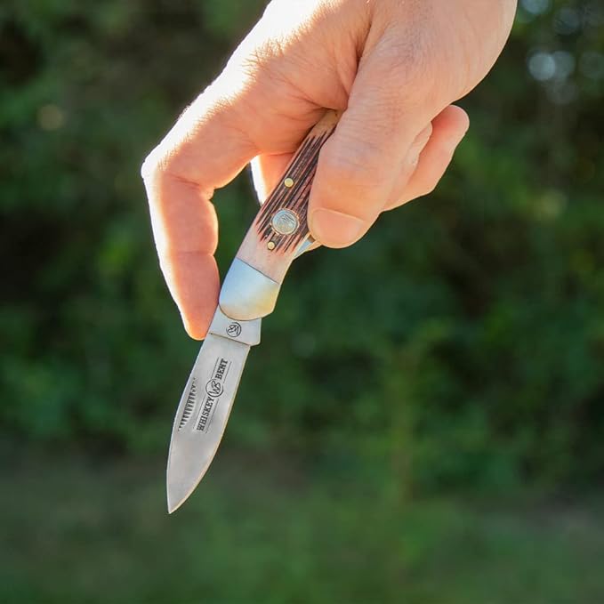 WHISKEY BENT HAT CO. Traditional Canoe Folding Knife 3.63 Closed Length 440C Stainless Steel Blades (Black Cherry Bone)