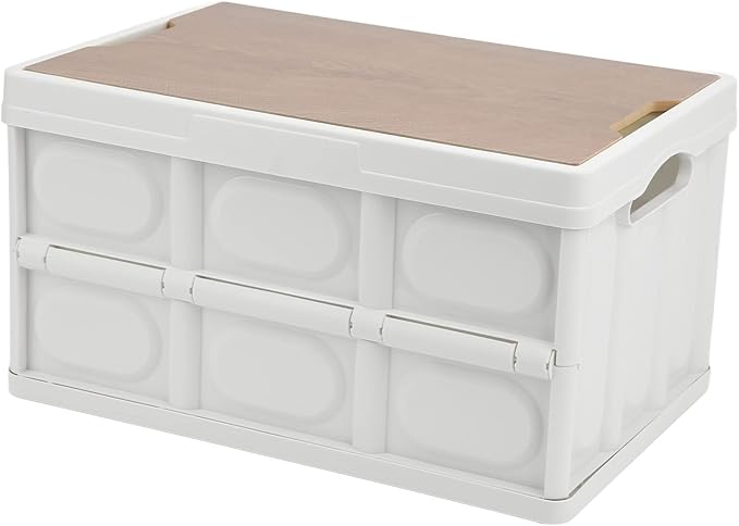 Alomejor 30L Storage Box Crate with Lid Folding Storage Box with Wooden Cover Panel for Home Outdoor(White)