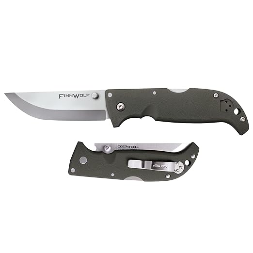 COLD STEEL Finn Wolf 3.5in AUS8A Razor-Sharp Straight Back Blade 4.375in Griv-Ex OD Green Handle Hunting Folding Knife Boxed