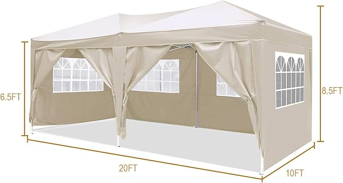 KEIKI 10'x20' Folding Canopy with 6 Removable Sidewalls Outdoor Event Shelter Gazebo Portable Tents for Parties Carport Camping Garden Patio Beige