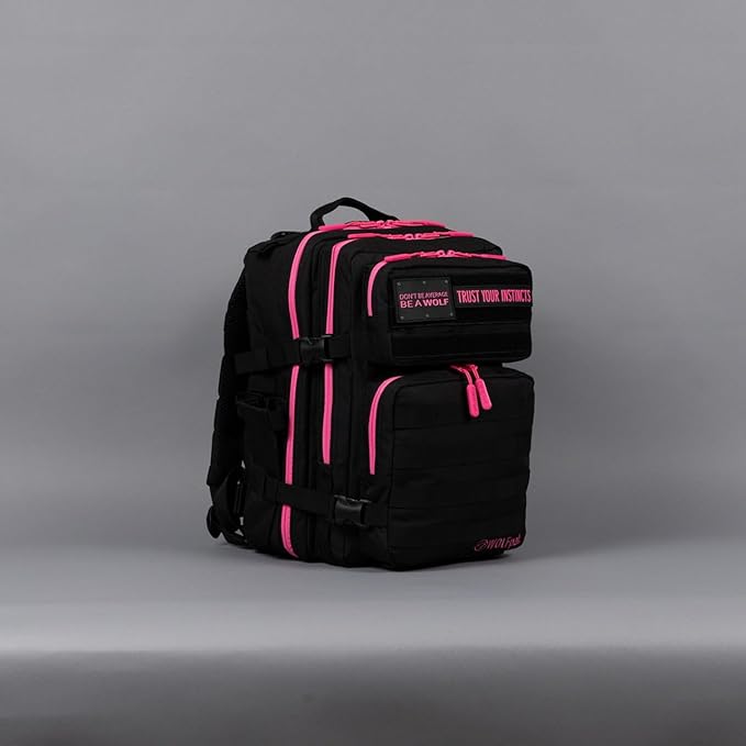WOLFpak 25L Athletic Gym Backpack (Black Neon Pink) Durable 1000D Waterproof Oxford Material with MOLLE Webbing Laptop Pocket &amp Dual Cup Holders