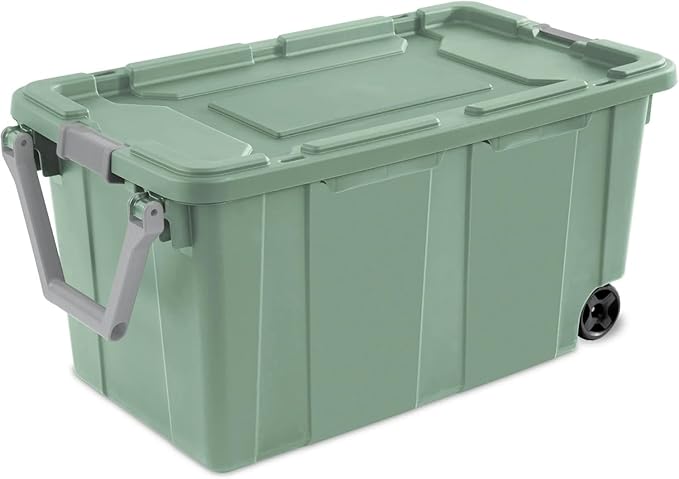Storage Bin 40 Gallon 160 Qt Plastic Rolling Stacker Storage Box Wheeled Industrial Tote Tough Lidded Stackable Storage Container for HomeGarage and Camping Green Sage Base and Lid 2-pack